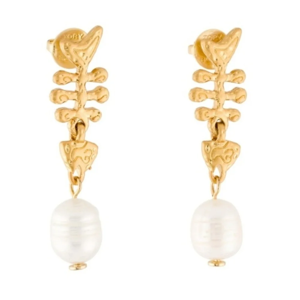 💛▪️Tory Burch ▪️Gold Fishbone Faux  Pearl Drop Earrings
